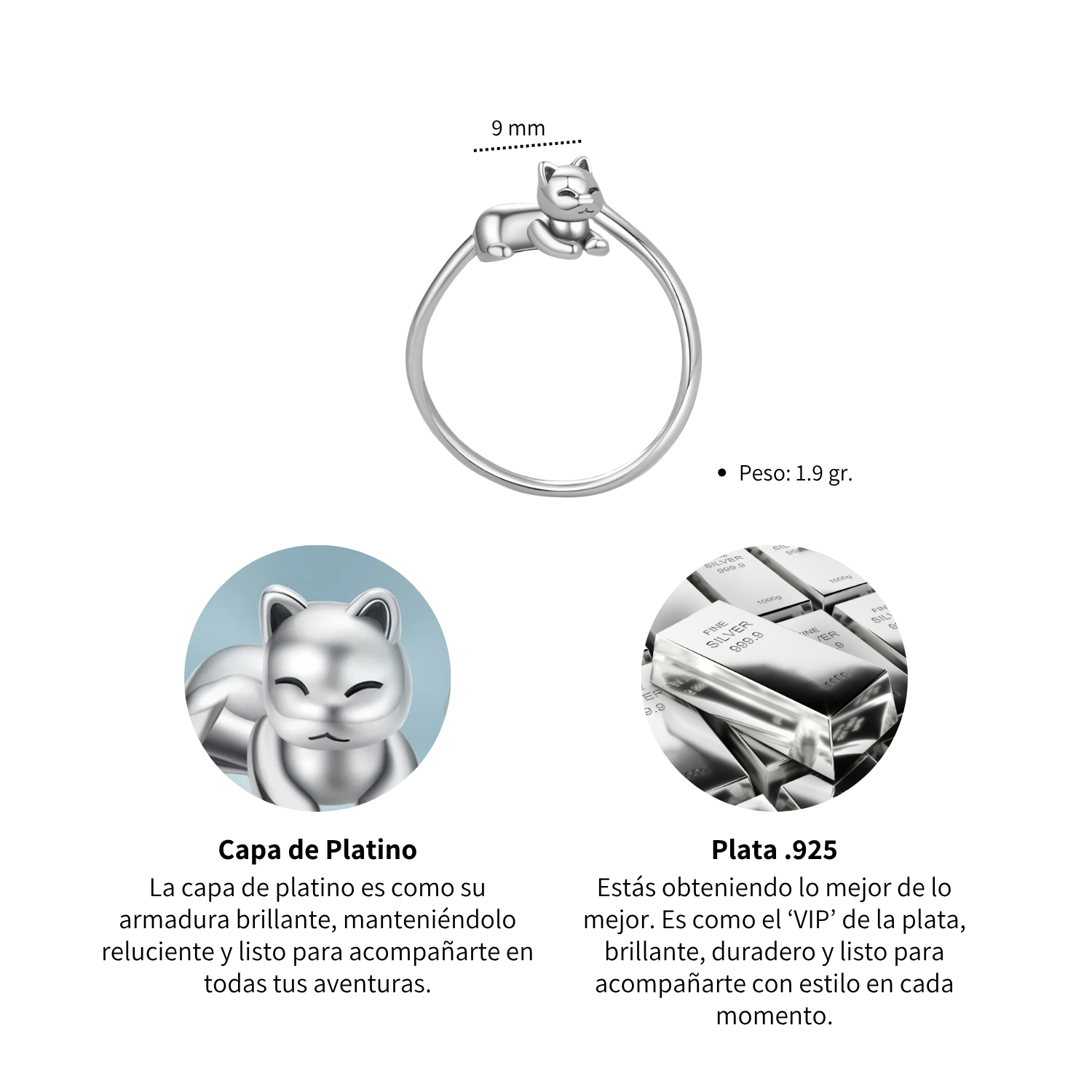Foto 5 pulgar | Anillo Chulada  Minino De Plata .925 Con Chapa De Platino  Se Pude Mojar