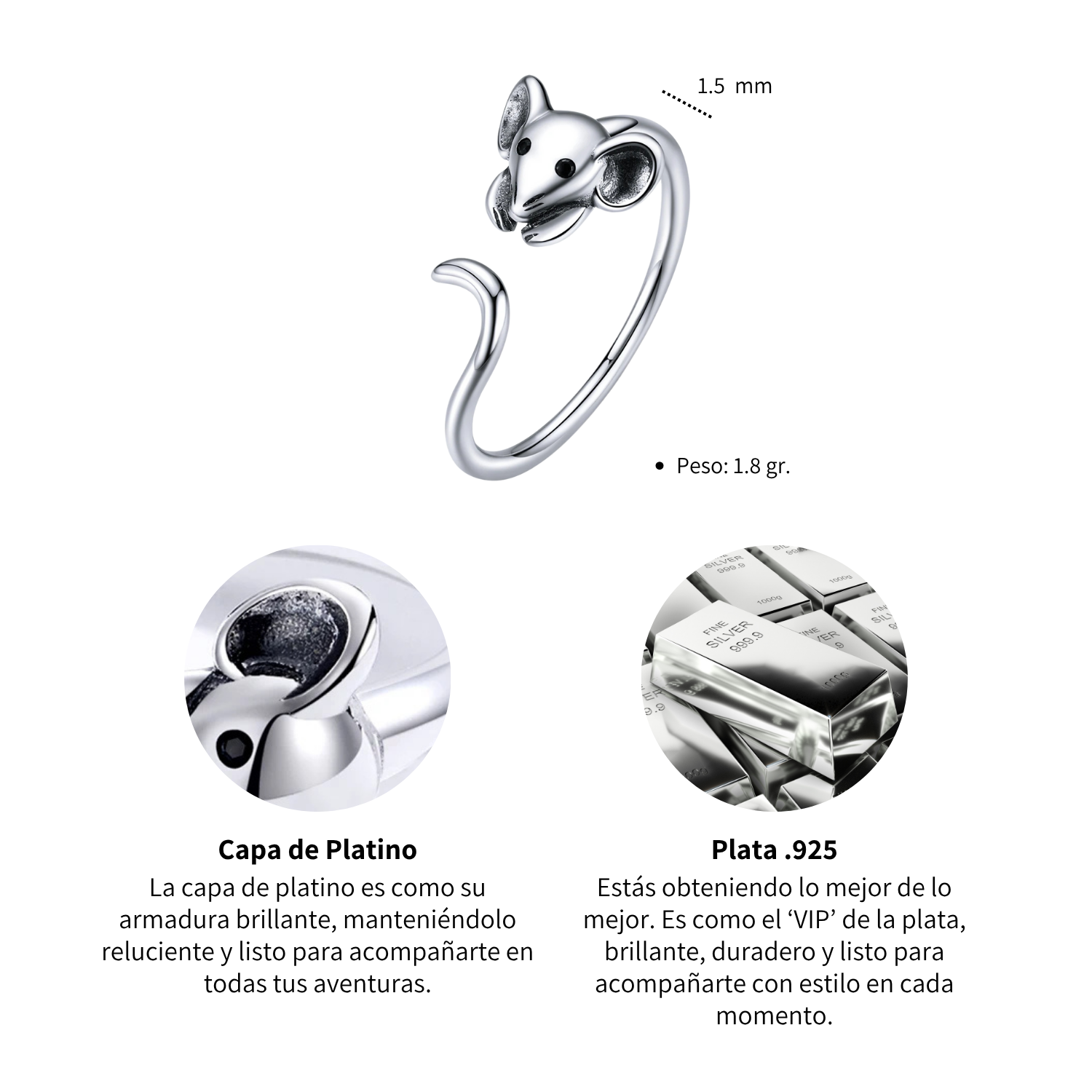 Foto 6 pulgar | Anillo Chulada  Ratón De Plata .925 Con Chapa De Platino Que Lo Protege De Químicos Y Agua
