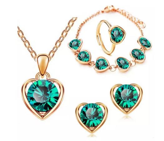 4pcs Collar, Pendientes, Anillo Y Pulsera Corazón De Cristal, Verde