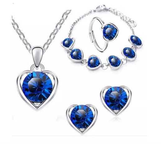 4pcs Collar, Pendientes, Anillo Y Pulsera Corazón De Cristal, Azul