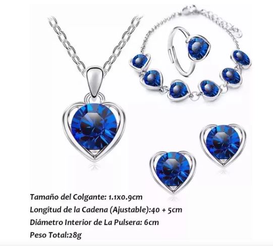 Foto 4 pulgar | 4pcs Collar, Pendientes, Anillo Y Pulsera Corazón De Cristal, Azul