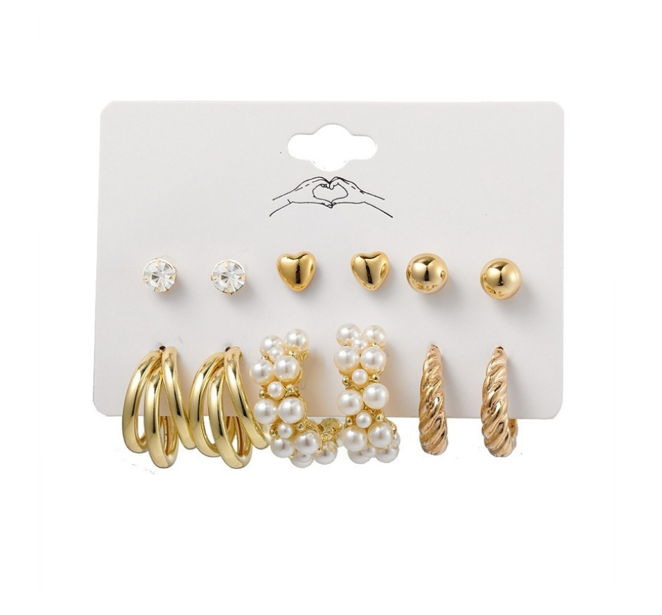 Set de Aretes Arracadas Broquel Doradas Perla para Mujer 12 piezas