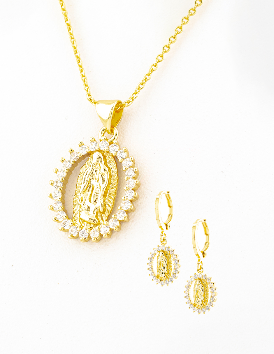 Foto 1 | Arete Largo Y Collar Religioso Con Marco Brillante The Golden Store Chapa De Oro 18k
