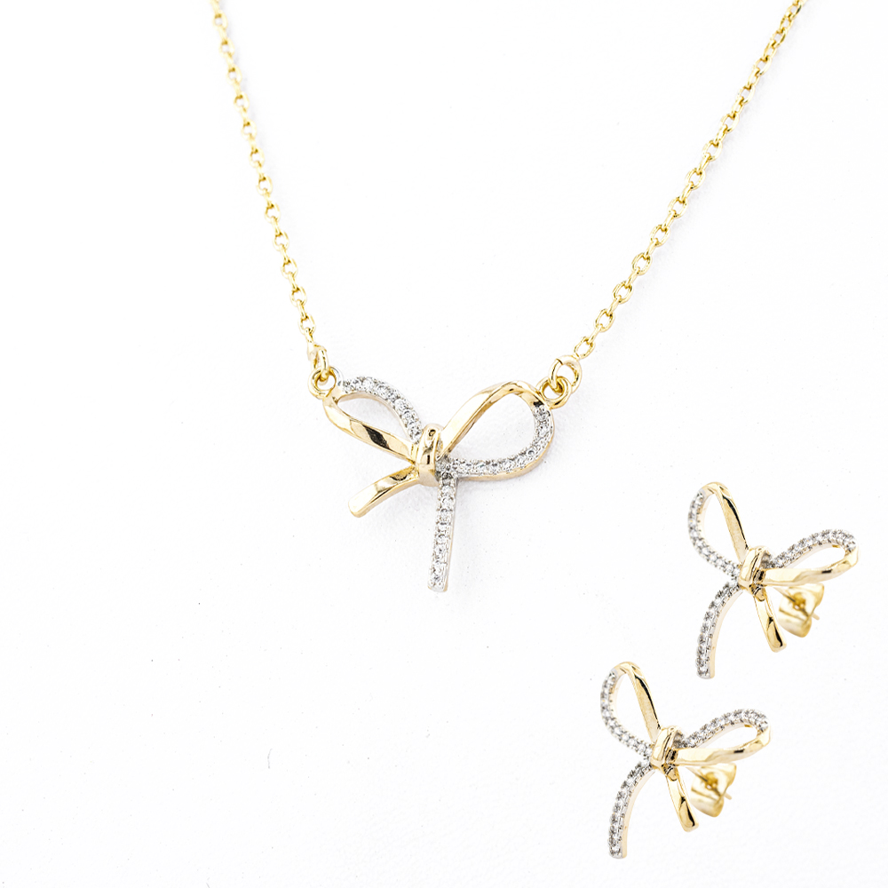 Juego De Arete Y Collar Diseño De Moño Con Lazo The Golden Store Chapa De Oro 18k