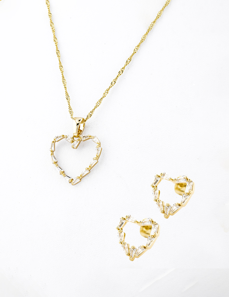 Juego de Arete y Collar Corazón Chapa de Oro 18 k