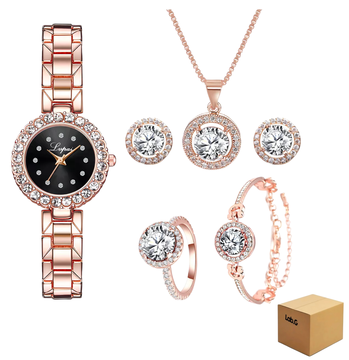 Foto 1 | Juego De Reloj Y Joyas Lab.g En Caja De Elegante 5 Piezas Color De La Correa Oro Rosa/negro