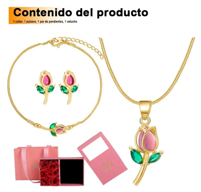 Foto 4 pulgar | Collar Xtellar Tulipán Con Cristal Dijes Pulsera Aretes Joyería Lujo