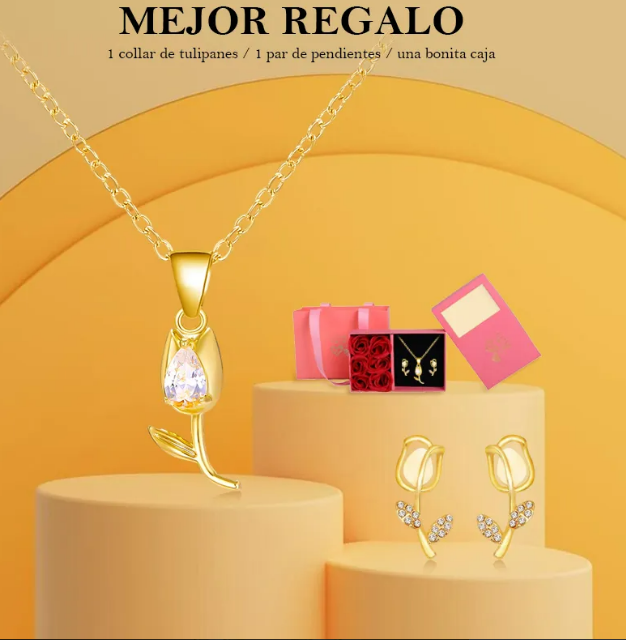 Foto 3 pulgar | Collar Xtellar Tulipán Aretes Asimétricos Baño Oro 18k Kit De Regalo