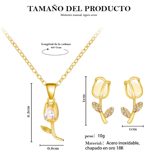 Foto 4 pulgar | Collar Xtellar Tulipán Aretes Asimétricos Baño Oro 18k Kit De Regalo
