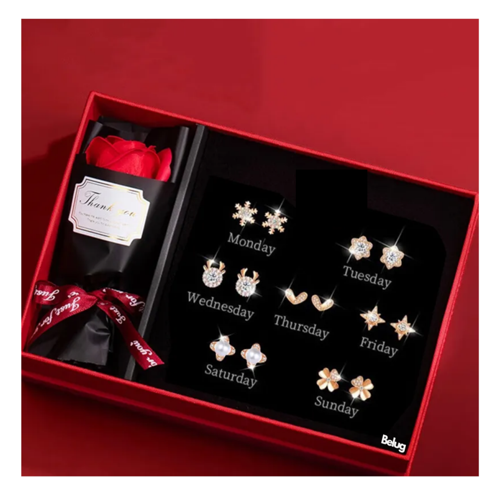 Foto 4 | Flores Rojas Eternas Y 7 Pares De Pendientes Belug, Mujeres Regalo Plata
