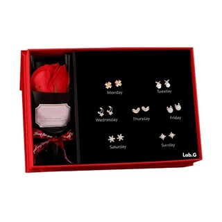 Foto 1 | Flores Rojas Eternas Y 7 Pares De Pendientes Lab.g, Mujeres Regalo Plata
