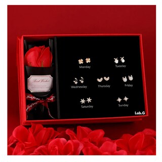 Foto 2 | Flores Rojas Eternas Y 7 Pares De Pendientes Lab.g, Mujeres Regalo Plata