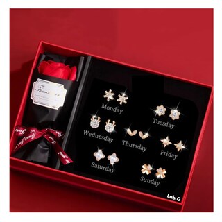 Foto 4 | Flores Rojas Eternas Y 7 Pares De Pendientes Lab.g, Mujeres Regalo Plata