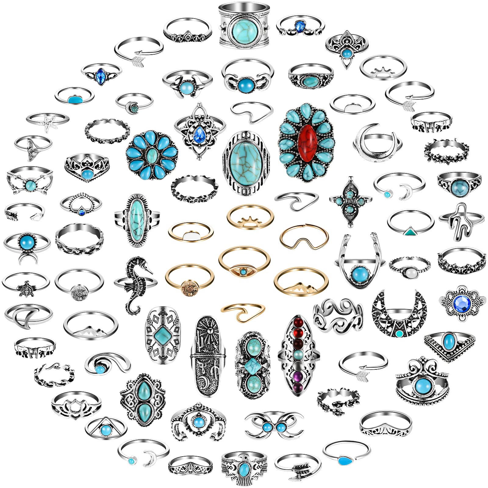 Juego De Anillos Kigeli Vintage Turquesa, 78 Unidades, Chapados En Plata, Para Mujer - Venta Internacional. $685