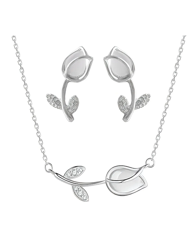 Foto 2 pulgar | Collar Y Aretes De Flor Tulipan Chapado En Plata 925 Incluye Caja De Regalo Plateado