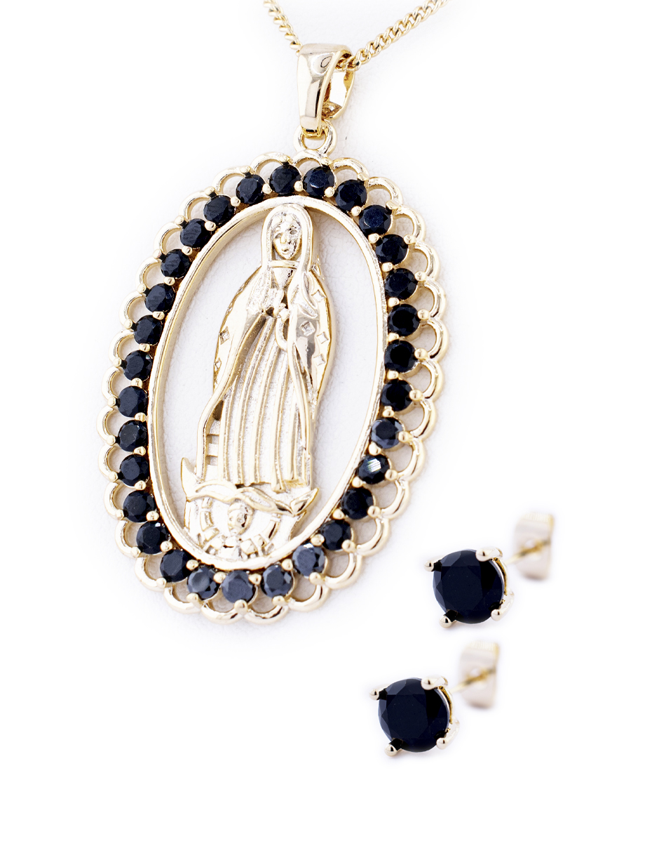 Juego De Aretes Y Collar De La Virgen De Guadalupe Con Marco Negro The Golden Store Chapa De Oro De 18k