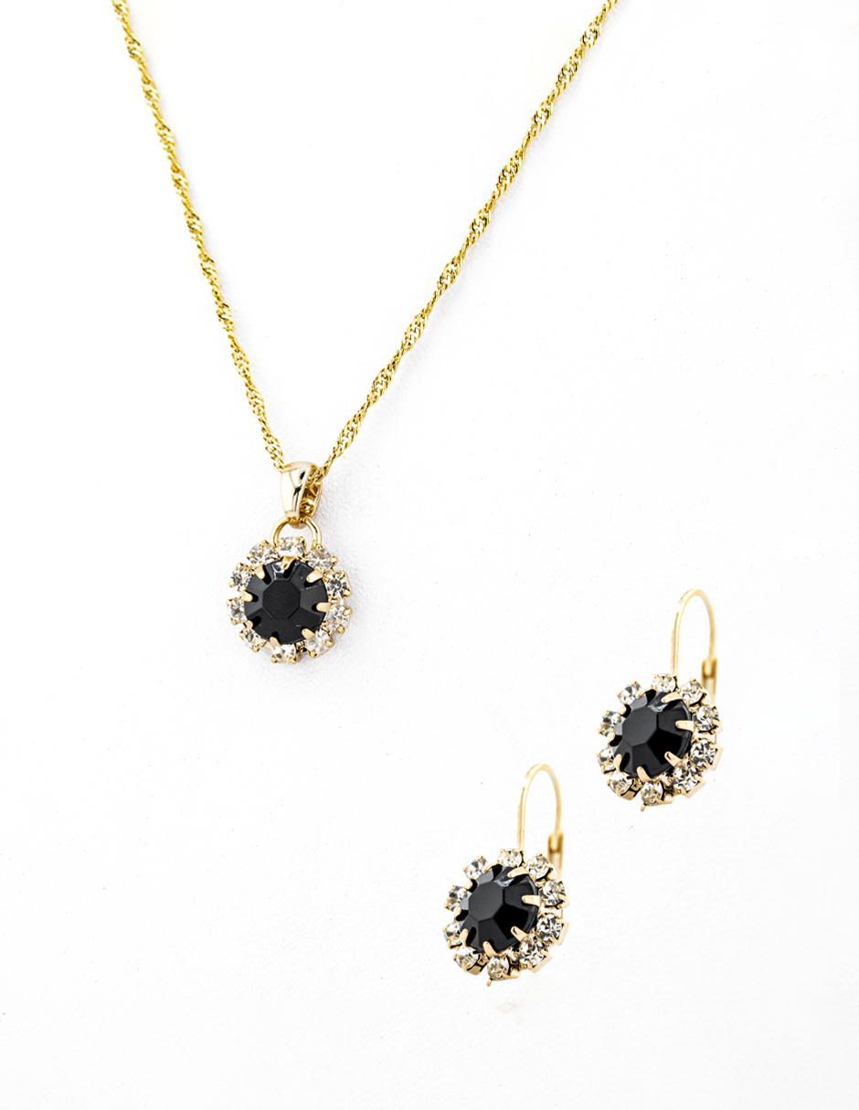 Set De Arete Y Collar Circular Con Marco Negro The Golden Store Chapa De Oro 18k