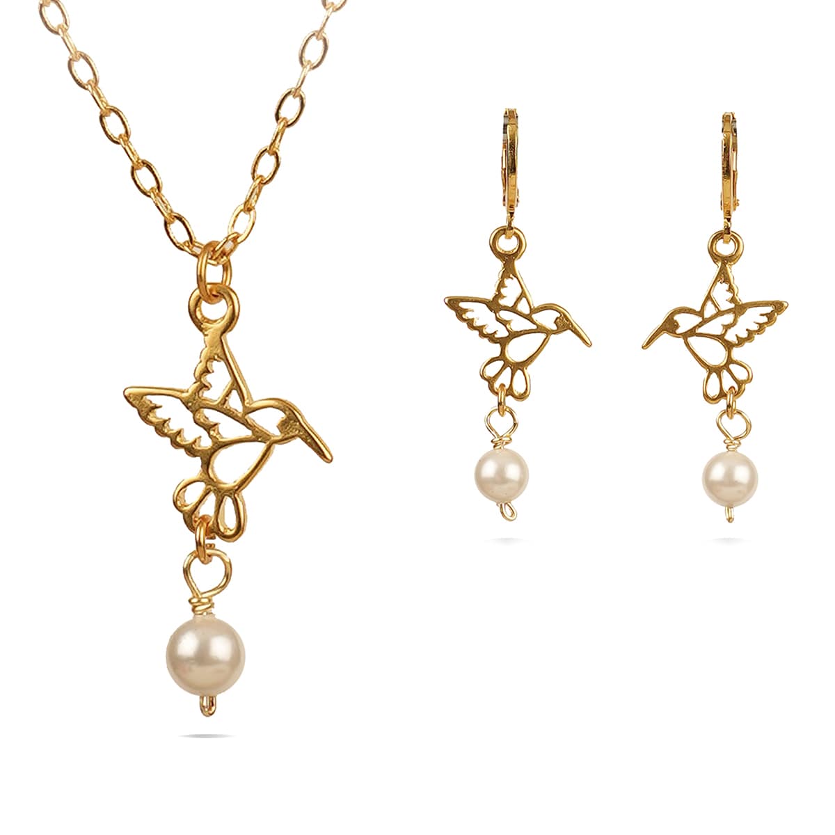 Collar Y Aretes Colibrí Dorado Perla Vangania Regalo Mujer $1,195