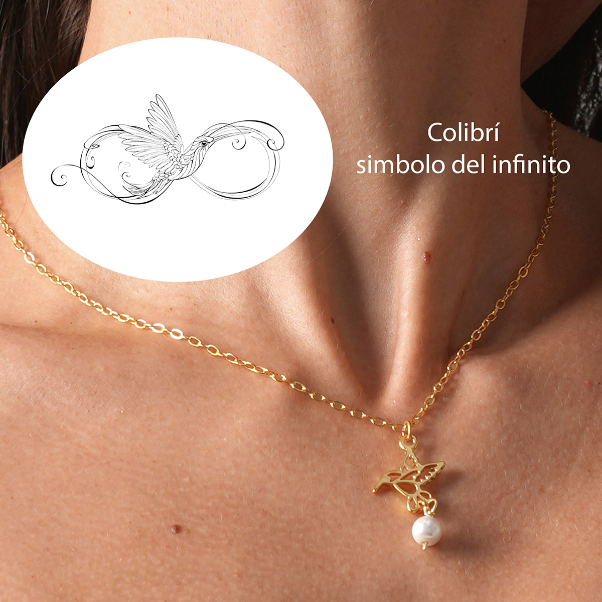 Foto 6 pulgar | Collar Y Aretes Colibrí Dorado Perla Vangania Regalo Mujer