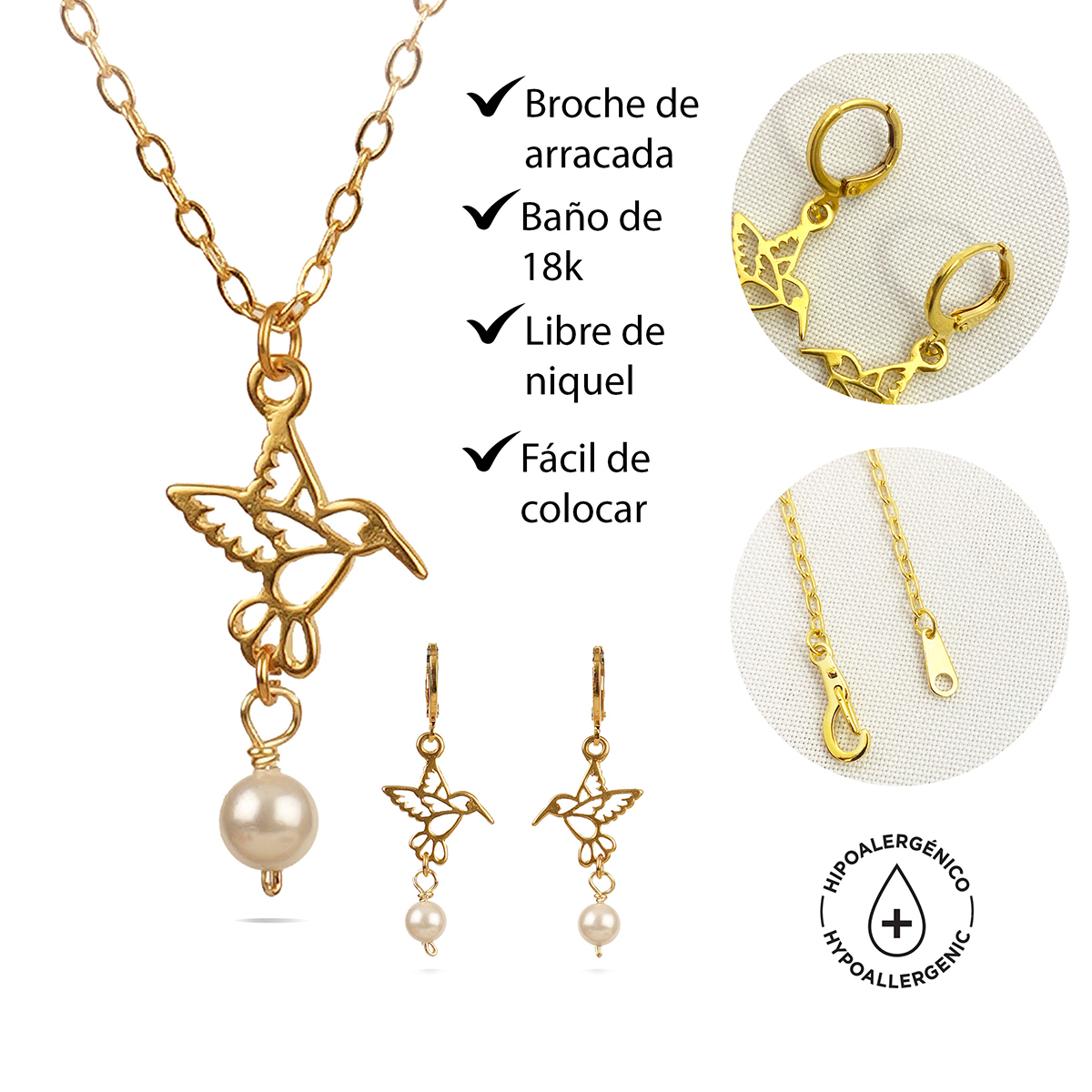 Foto 7 pulgar | Collar Y Aretes Colibrí Dorado Perla Vangania Regalo Mujer