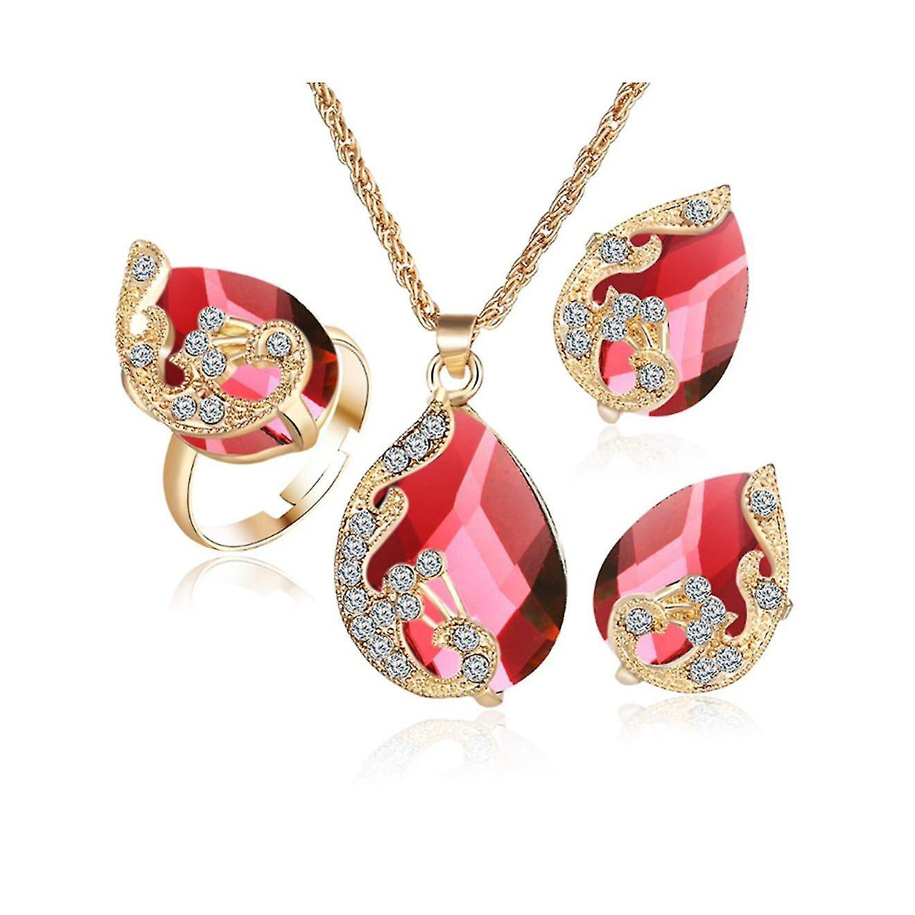 Foto 2 pulgar | Juego De Pendientes Y Collar Con Colgante En Forma De Gota  3 Unidades  Rojo Para Mujer - Venta Internacional.
