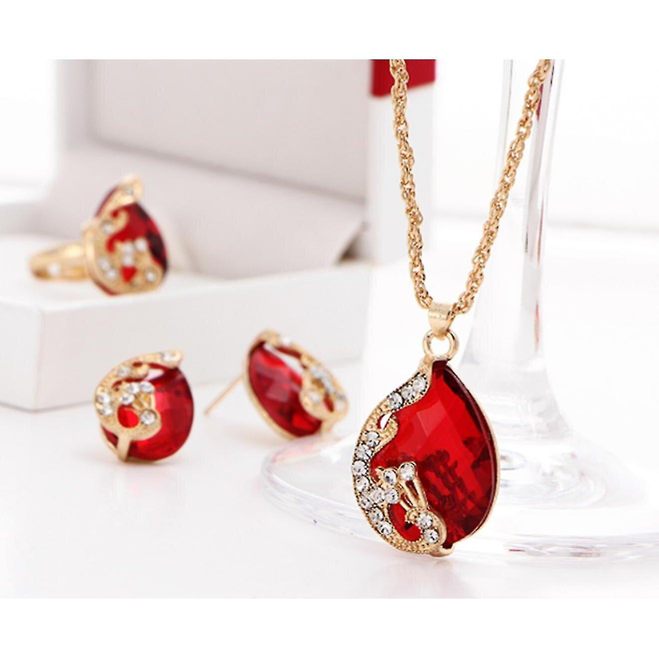 Foto 3 pulgar | Juego De Pendientes Y Collar Con Colgante En Forma De Gota  3 Unidades  Rojo Para Mujer - Venta Internacional.