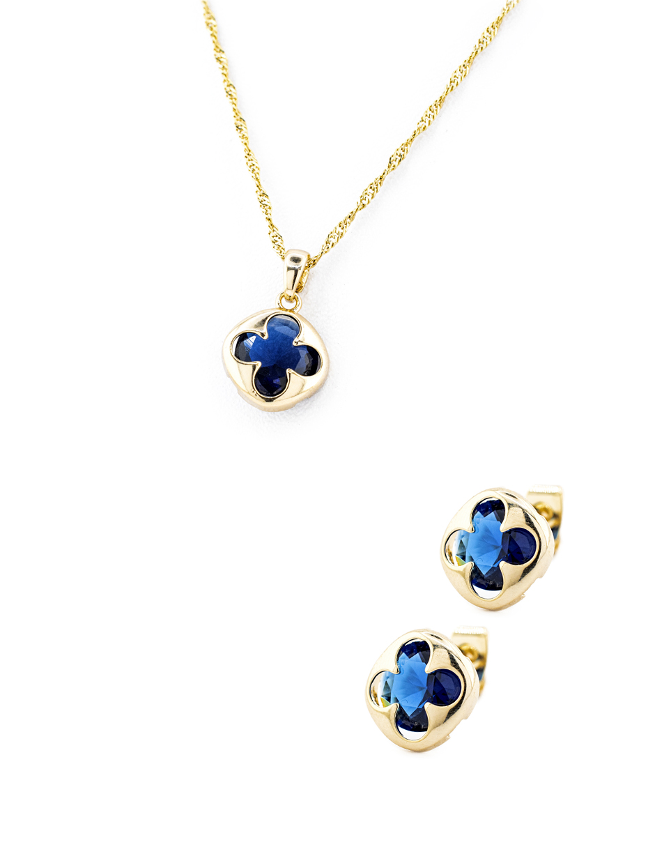 Arete Y Collar Forma De Trébol De Cuatro Hojas Tono Azul