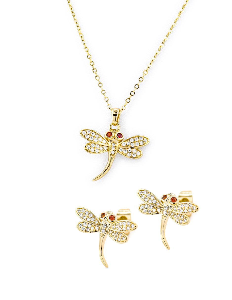 Arete Y Collar Libélula The Golden Store Chapa De Oro 18k
