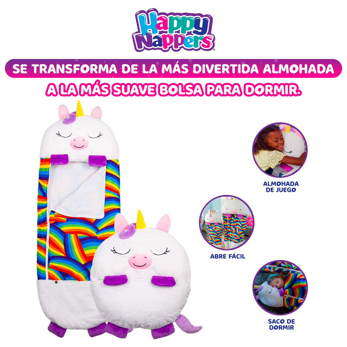 Foto 3 | Almohada/Bolsa de Dormir para Niños Tv Ofertas Happy Nappers Unicornio color Blanco con Rosa con Cierre