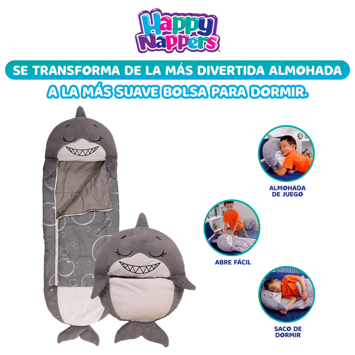 Foto 4 pulgar | Peluche y Saco de Dormir Tv Ofertas Happy Nappers Divertido Tiburón 3 en 1 Almohada  Gris con Cierre