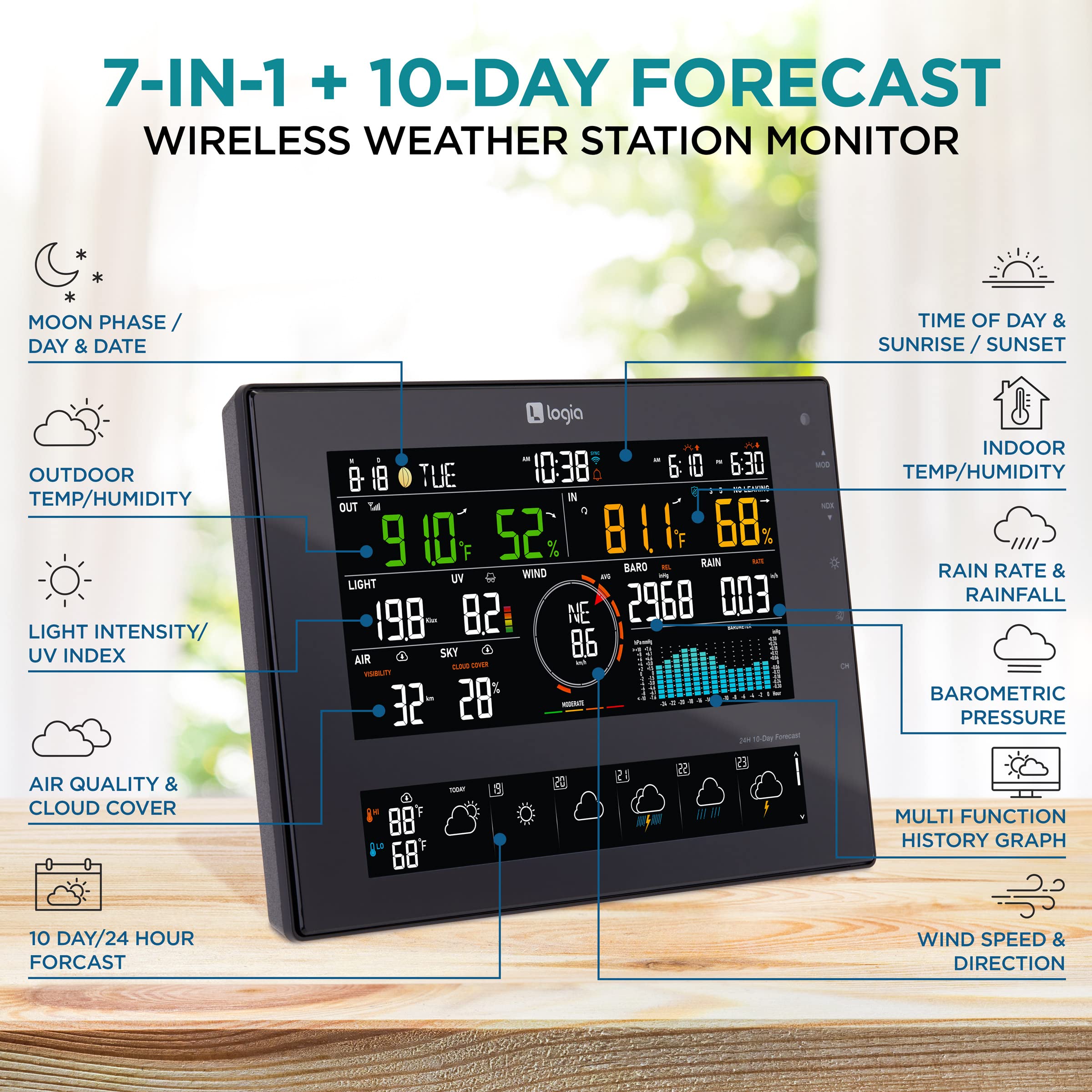 Foto 3 pulgar | Estación Meteorológica Logia, 7 En 1, Wi-fi Inalámbrica Con Pantalla De 8 Pulgadas - Venta Internacional.