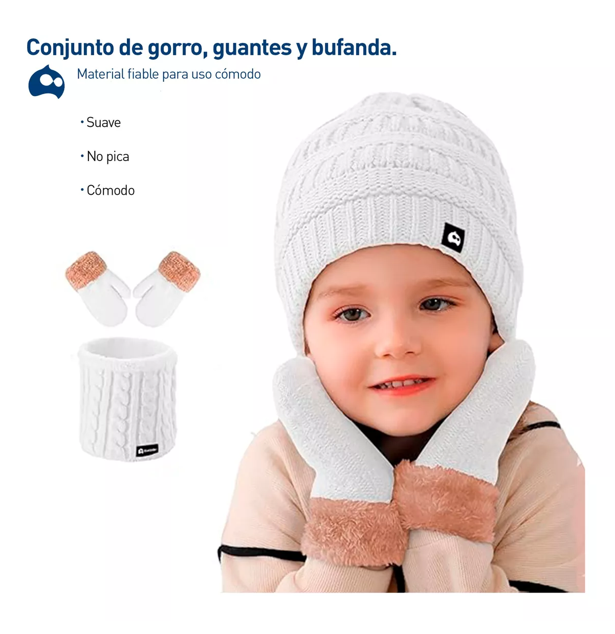 Foto 6 pulgar | Gorro con Bufanda y Guantes Blanco para Niño