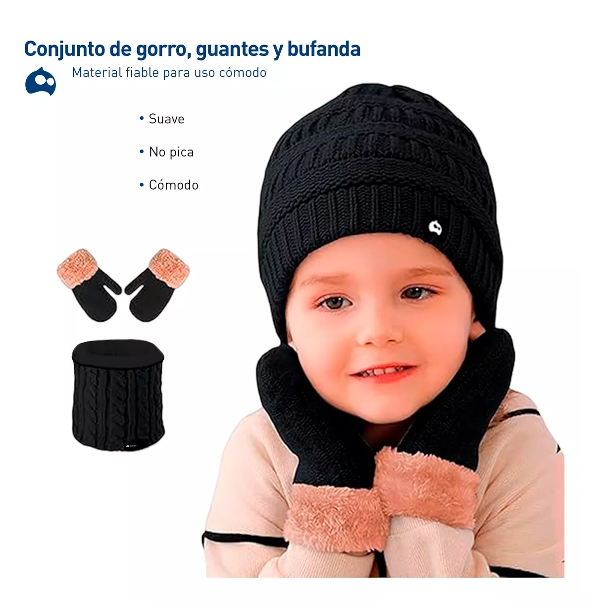 Foto 3 | Gorro con Bufanda y Guantes Negro para Niño