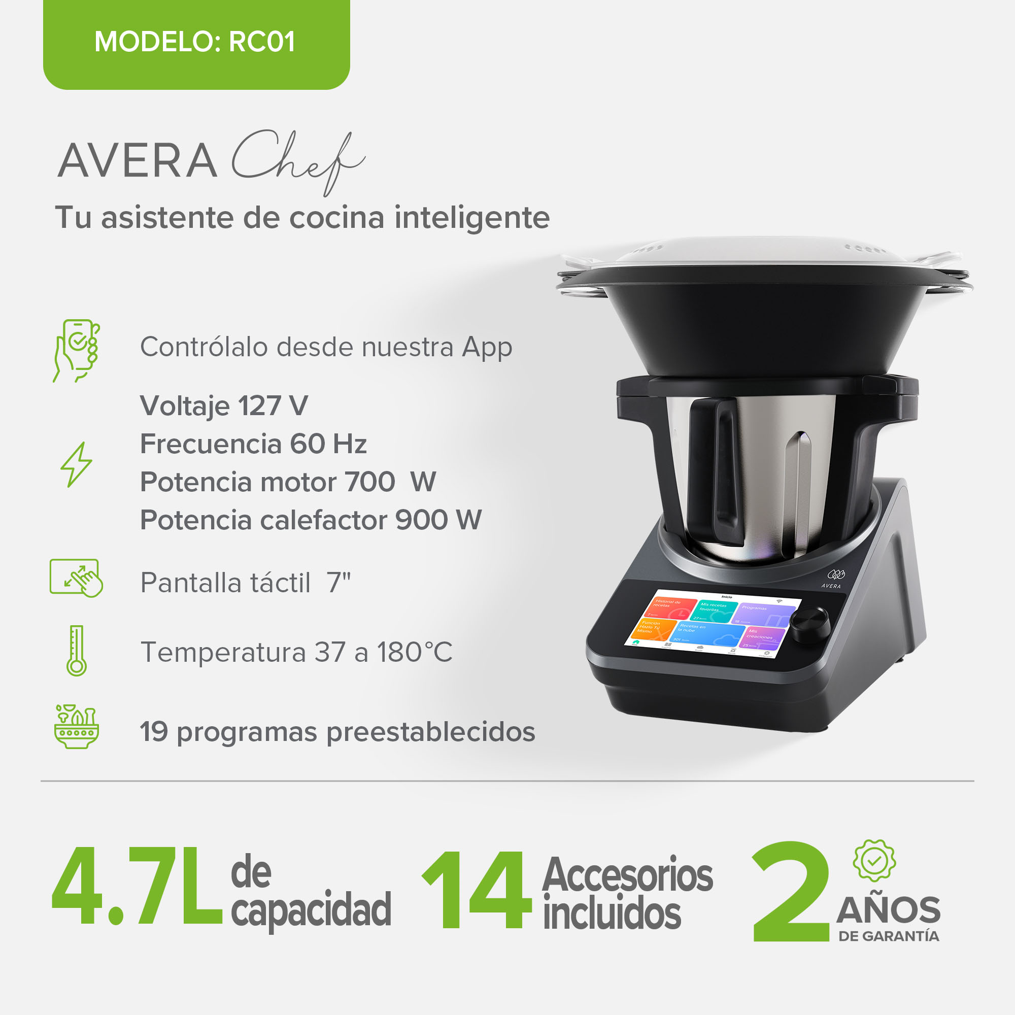 Foto 4 pulgar | Robot de Cocina Avera Chef con 1850 Recetas Incluidas Control táctil y Wifi RC01