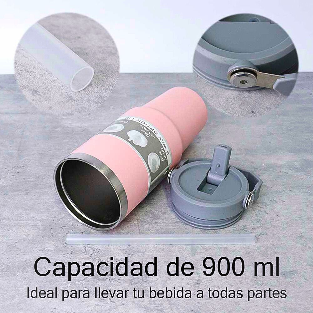 Foto 3 pulgar | Termo De Acero Inoxidable En Color Verde Mate Con Tapa Antiderrames  Popote  Agarradera Rosa