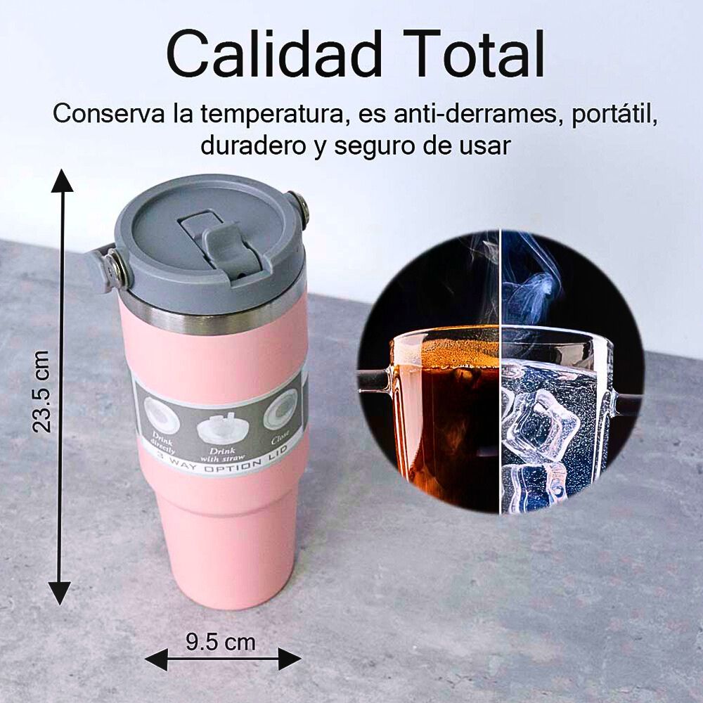 Foto 5 pulgar | Termo De Acero Inoxidable En Color Verde Mate Con Tapa Antiderrames  Popote  Agarradera Rosa