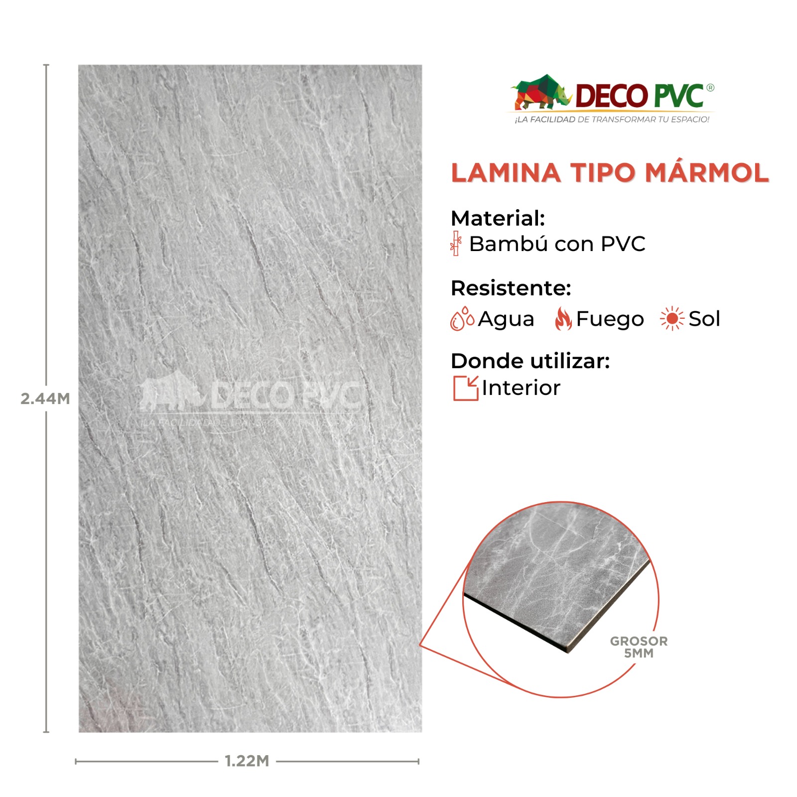 Foto 5 | Lámina Tipo Mármol PVC 1.22 X 2.44 m Abarca 2.97m2 Pacific Gray 1 Pieza