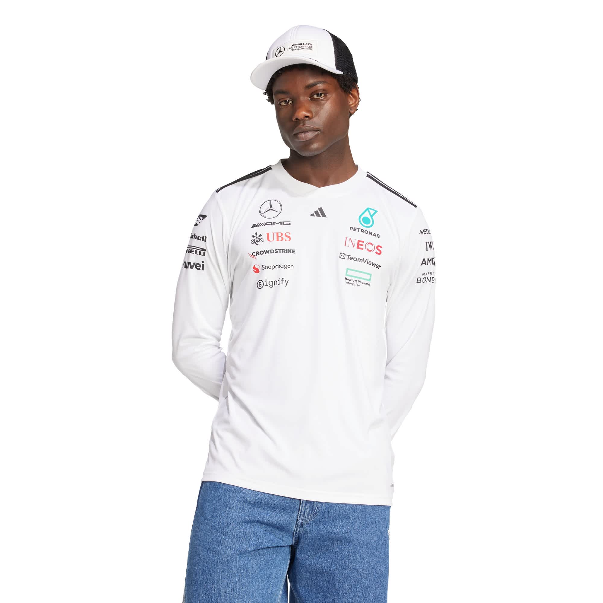 Foto 3 pulgar | Playera Oficial Blanca Manga Larga De Piloto Mercedes - Amg Petronas F1 Team Adidas Blanco Hombre