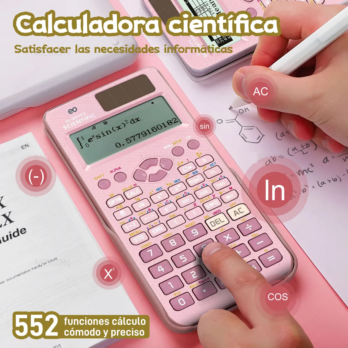 Foto 4 pulgar | Calculadora Cientifica Y Ingeniería Funciones Eo Safe Imports Esi-19805 Rosa