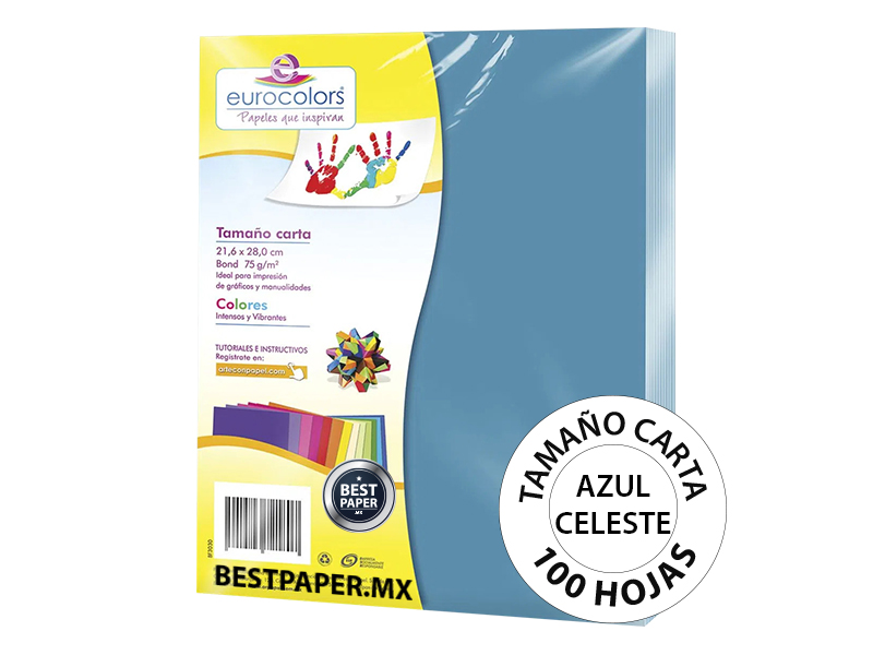Foto 2 pulgar | Papel Bond Eurocolors Tamaño Carta Azul Celeste 75 g - 100 Hojas