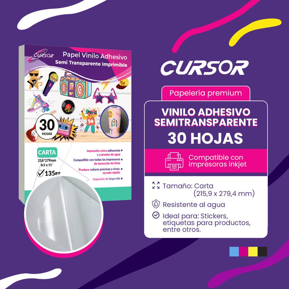 Foto 3 pulgar | Papel Vinilo Adhesivo Semi Transparente Cursor 30 Hojas Carta Inkjet