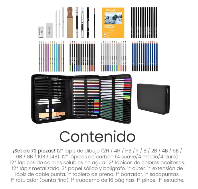 Foto 3 | Kit De Dibujo Profesional Lápices Boceto Y Accesorios 72 Pzs Trazo Multicolor