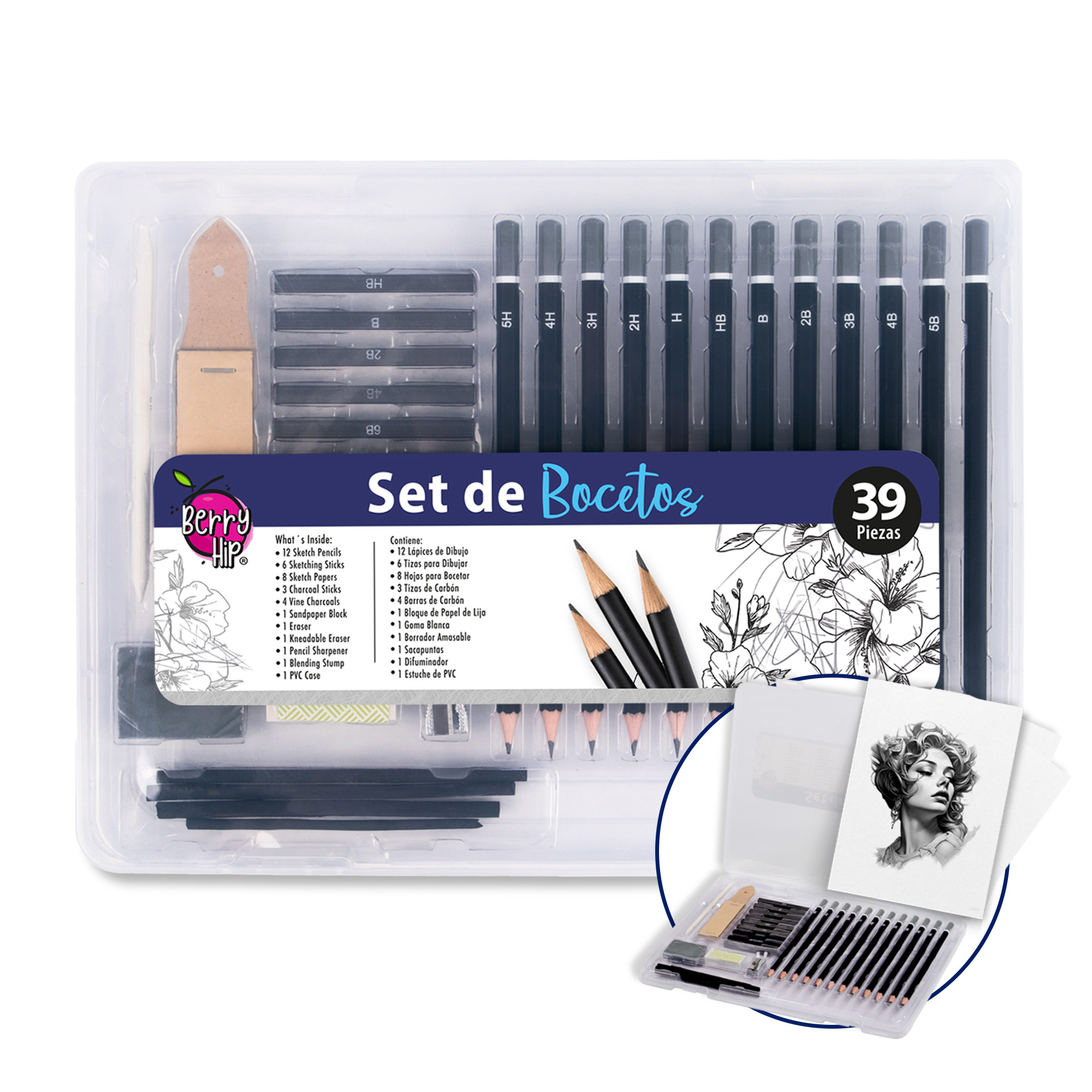 Berry Hip Set De Bocetos Con 12 Lápices  Carbón Y Estuche Organizador  Lleva Tu Arte A Otro Nivel