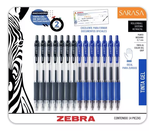 Foto 2 pulgar | Bolígrafo Retráctil Zebra Sarasa Tinta Gel De Secado Instantáneo 0,7 Mm Tinta Negra Y Azul Estuche 14 Piezas