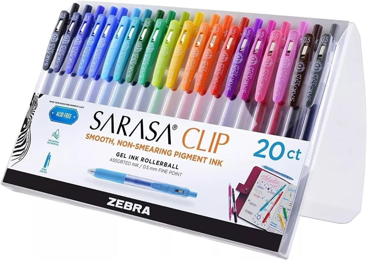 Bolígrafo Retráctil Zebra Sarasa Clip Secado Rápido 0,5 Mm Colores Surtidos Estuche 20 Piezas