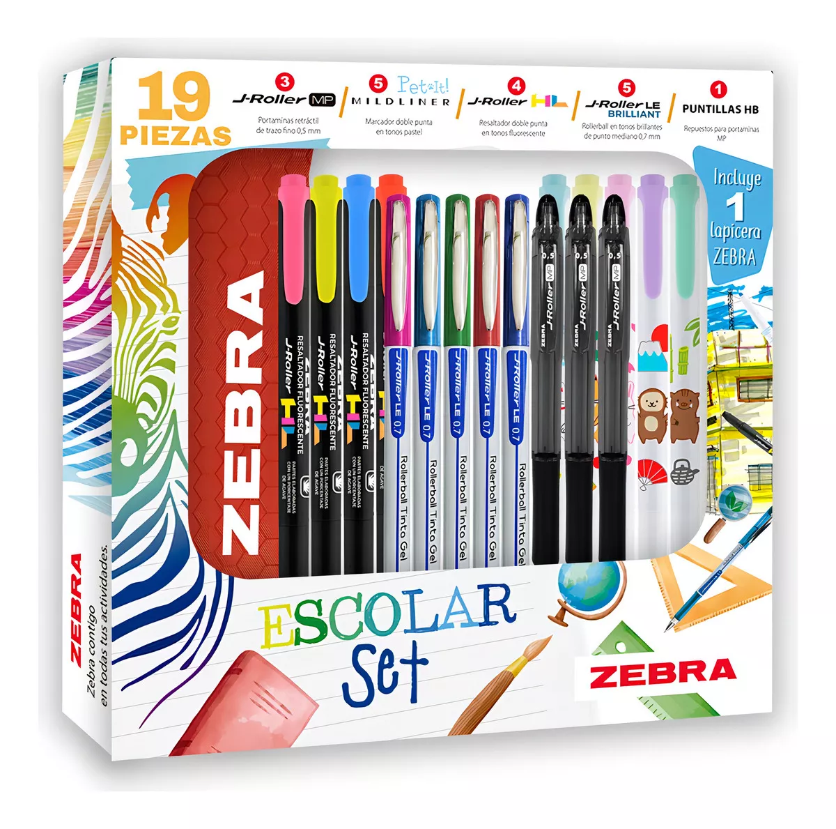 Zebra Escolar Set 19 Piezas Incluye Marcadores, Bolígrafos, Portaminas Y Lapicera De Regalo