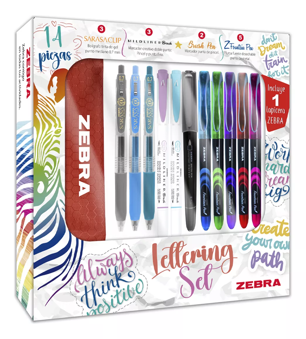 Zebra Lettering Set 14 Piezas Incluye Bolígrafos, Marcadores, Pluma Fuente Y Lapicera De Regalo