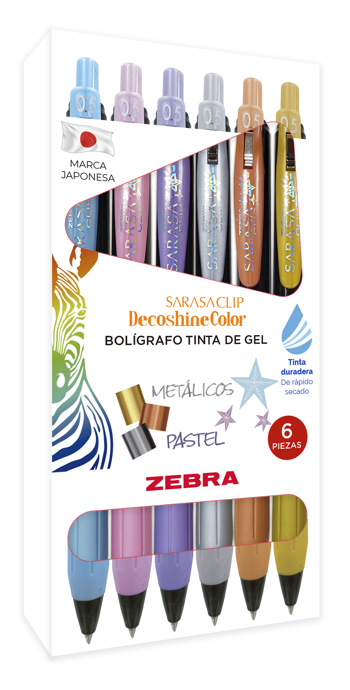 Bolígrafo Retráctil Zebra Sarasa Decoshine Secado Rápido 0,5 Mm Colores Surtidos Estuche 6 Piezas
