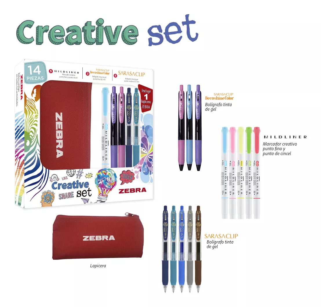 Foto 2 | Zebra Creative Set 14 Piezas Incluye Marcadores, Bolígrafos Y Lapicera De Regalo