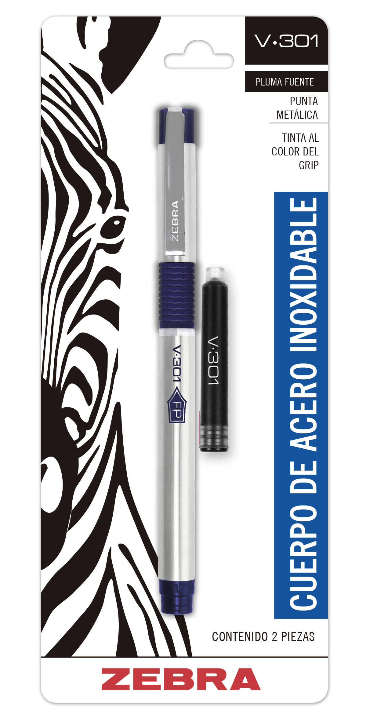 Foto 2 pulgar | Pluma Fuente V-301 Tinta Recargable Acero Inoxidable Zebra. Exterior Azul